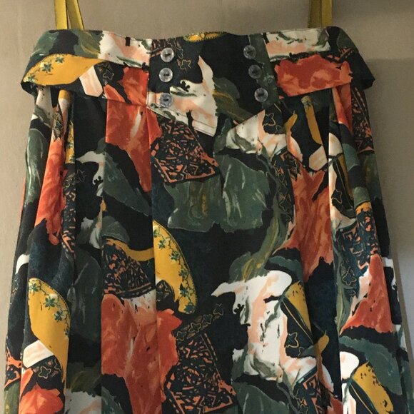 Vintage 80s Union Made Orange Green Abstract Pleated Midi Skirt - Picture 3 of 14